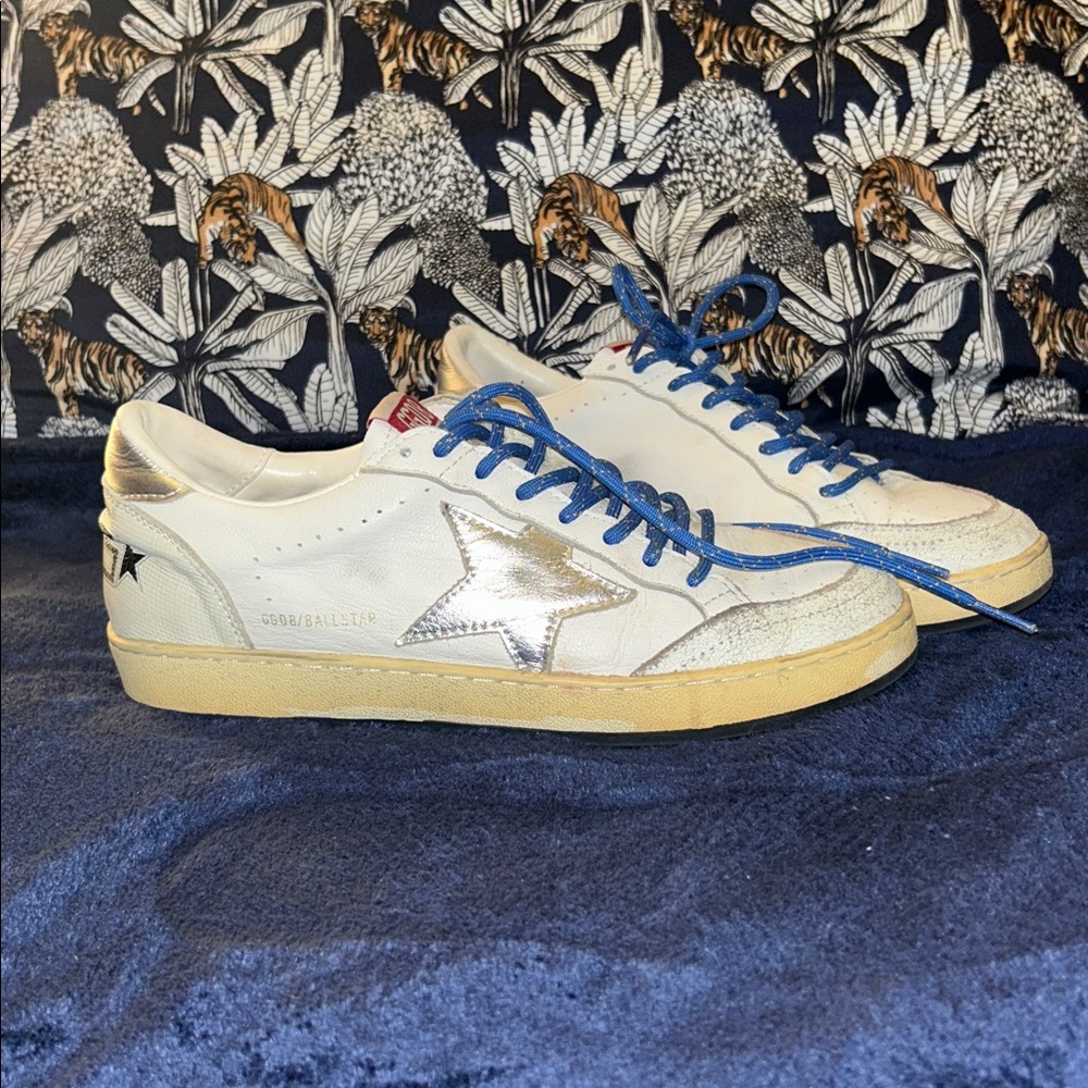 Golden Goose BallStar Ball Star White Leather, Iconic Star in Silver, Blue Lace